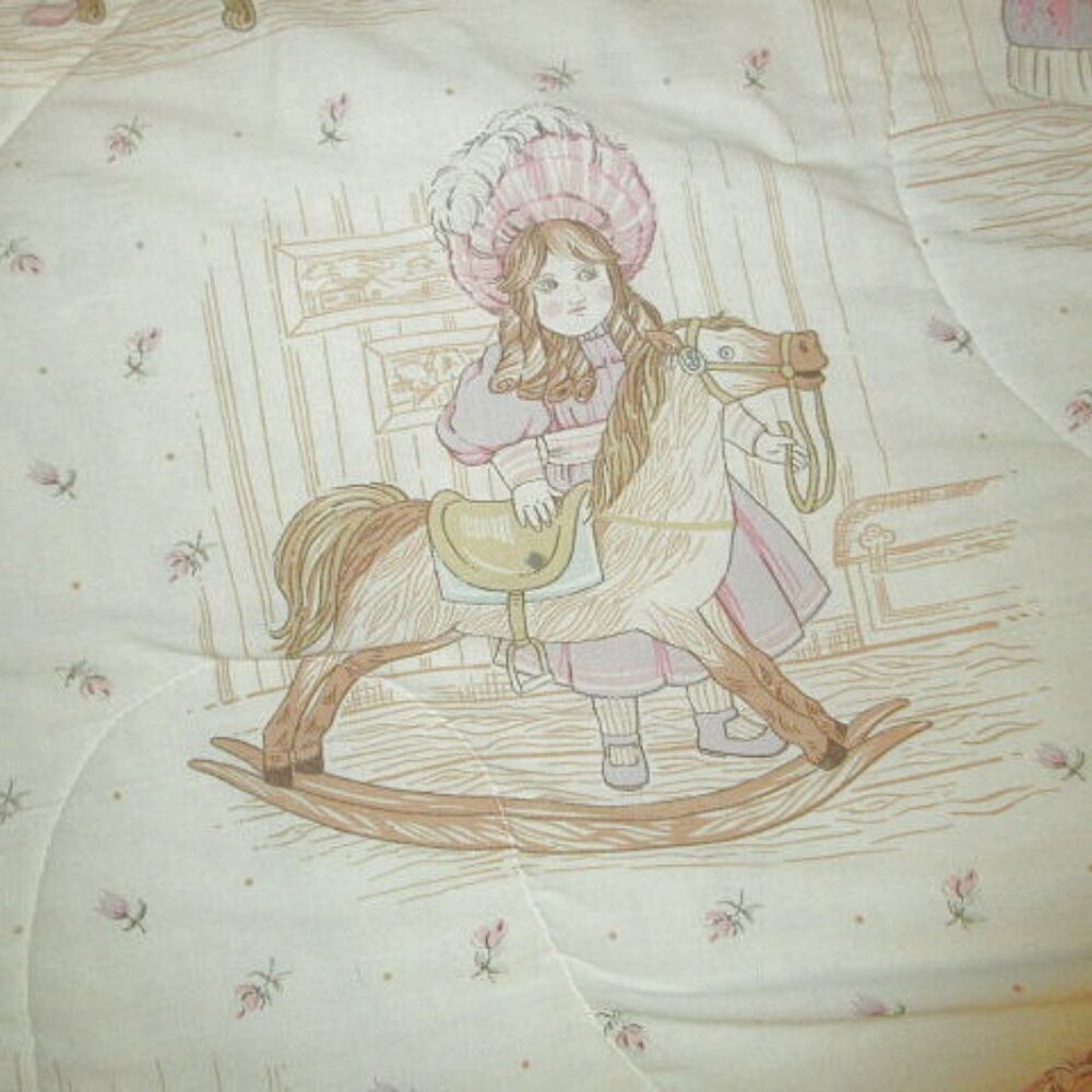 Vtg Victorian Doll Crib Quilt Toddler Bed Reversible Horse Bear Girl Friends - Picture 4 of 13